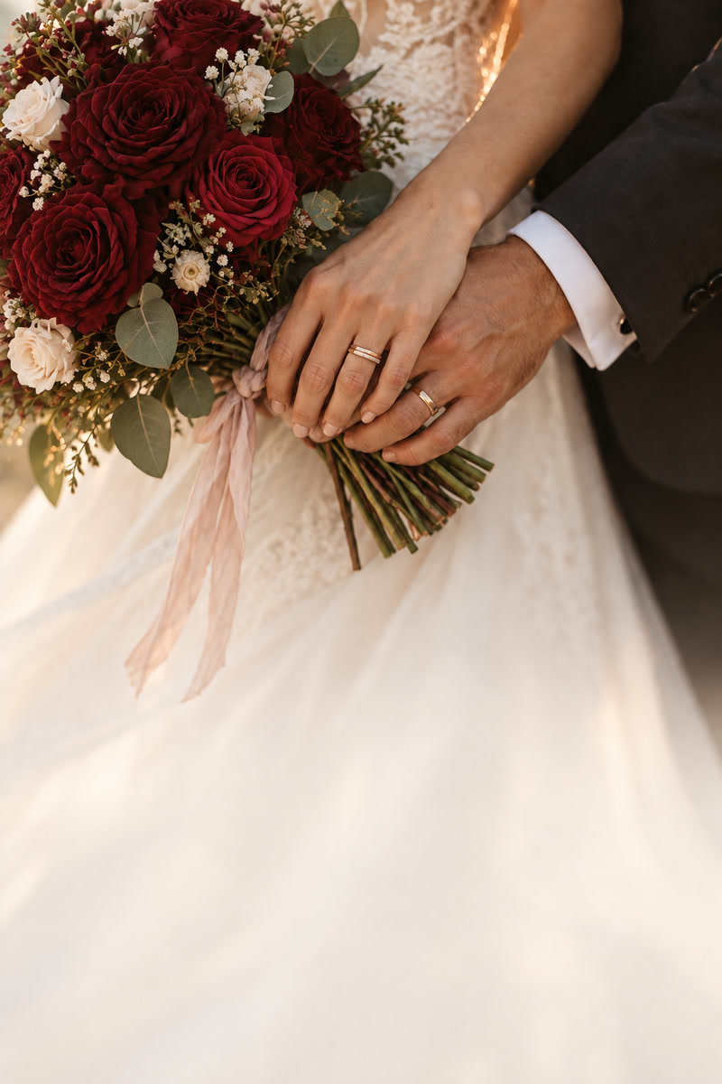 Manos de los novios con sus anillos sobre el ramo